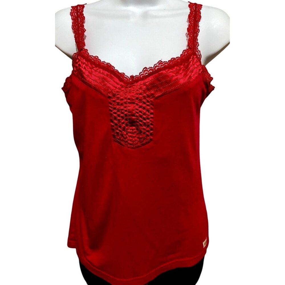 Twenty X‎ Camisole Tank M Lace Trim Red Soft Knit Cotton Stretch Shelf Bra